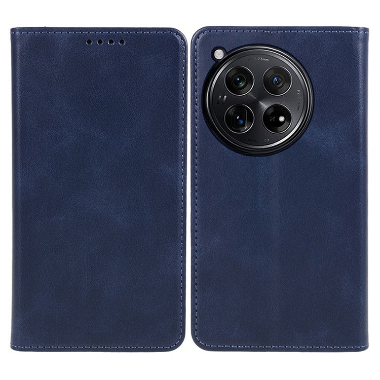 For OnePlus 12 5G Magnetic Case Calf Texture PU Leather Smart Phone Cover - Blue