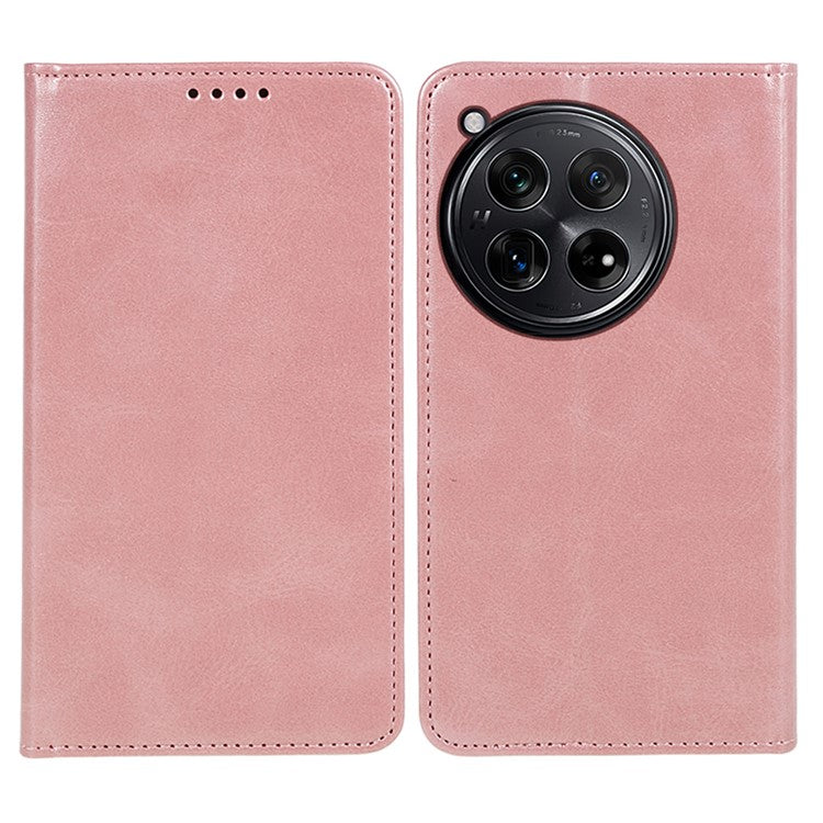 For OnePlus 12 5G Magnetic Case Calf Texture PU Leather Smart Phone Cover - Rose Gold