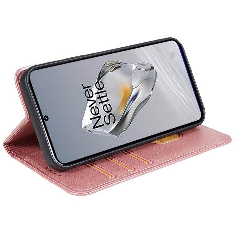 For OnePlus 12 5G Magnetic Case Calf Texture PU Leather Smart Phone Cover - Rose Gold