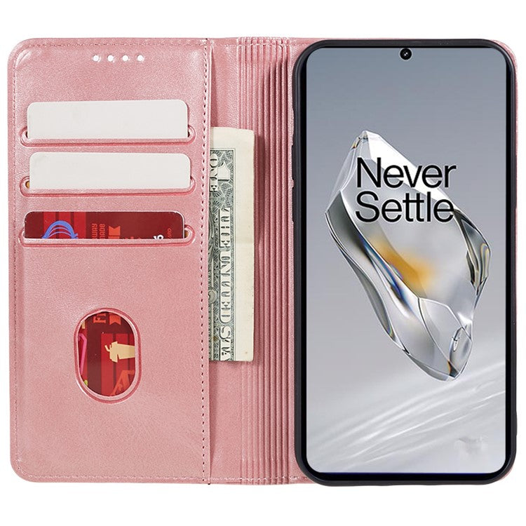 For OnePlus 12 5G Magnetic Case Calf Texture PU Leather Smart Phone Cover - Rose Gold