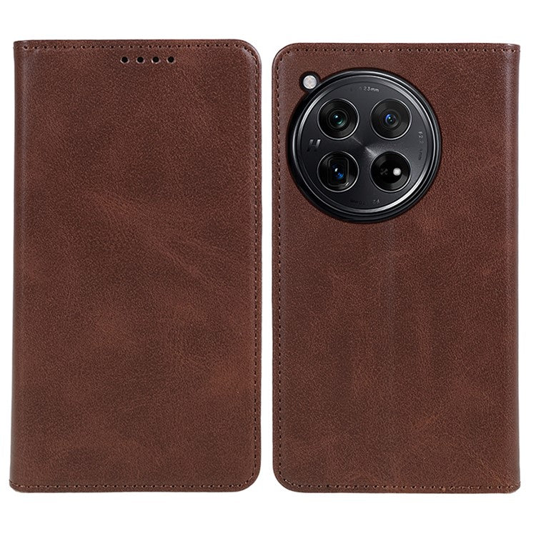 For OnePlus 12 5G Magnetic Case Calf Texture PU Leather Smart Phone Cover - Brown