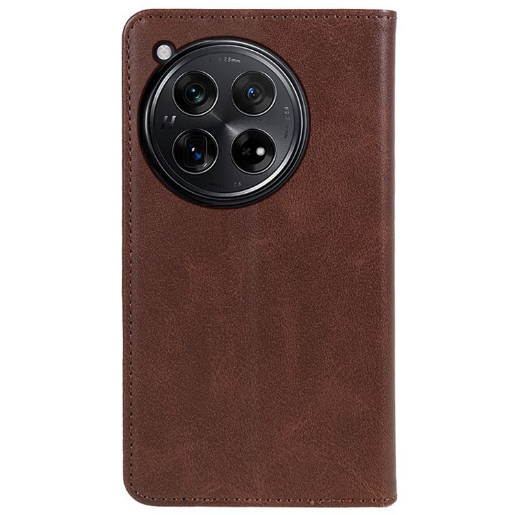 For OnePlus 12 5G Magnetic Case Calf Texture PU Leather Smart Phone Cover - Brown