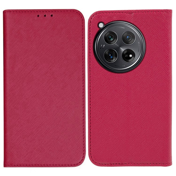 For OnePlus 12 5G Cell Phone Case Cross Texture Anti-Scratch Wallet Stand Cover PU Leather Shell - Pink
