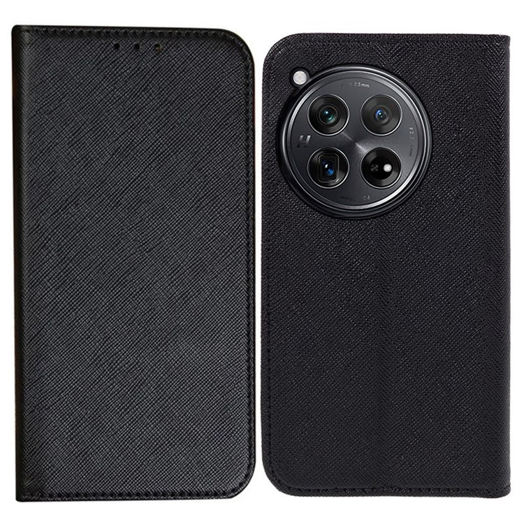 For OnePlus 12 5G Cell Phone Case Cross Texture Anti-Scratch Wallet Stand Cover PU Leather Shell - Black