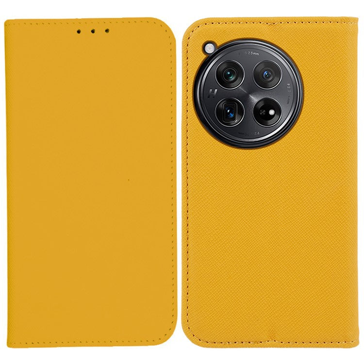 For OnePlus 12 5G Cell Phone Case Cross Texture Anti-Scratch Wallet Stand Cover PU Leather Shell - Yellow