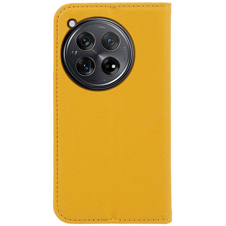 For OnePlus 12 5G Cell Phone Case Cross Texture Anti-Scratch Wallet Stand Cover PU Leather Shell - Yellow