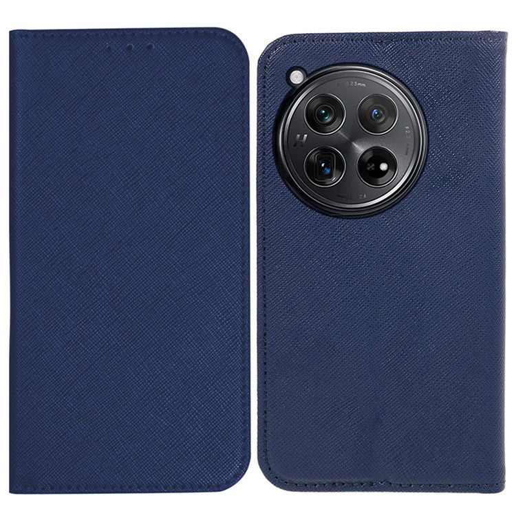 For OnePlus 12 5G Cell Phone Case Cross Texture Anti-Scratch Wallet Stand Cover PU Leather Shell - Dark Blue