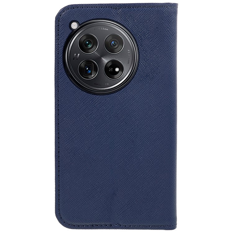 For OnePlus 12 5G Cell Phone Case Cross Texture Anti-Scratch Wallet Stand Cover PU Leather Shell - Dark Blue