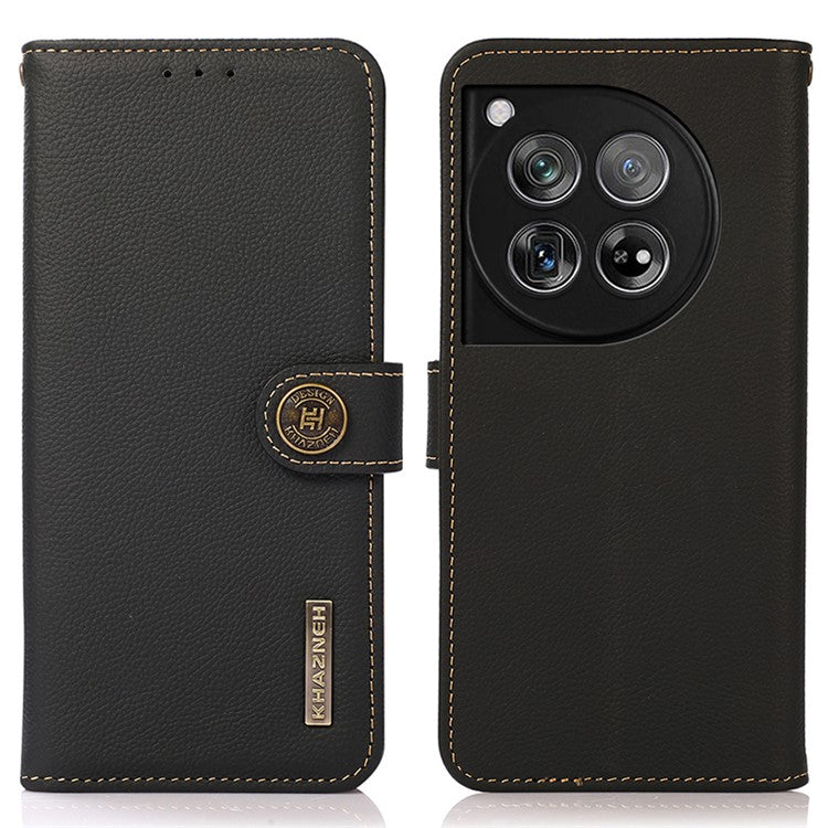 KHAZNEH For OnePlus 12 5G Cell Phone Case Genuine Cow Leather+TPU RFID Blocking Stand Cover - Black