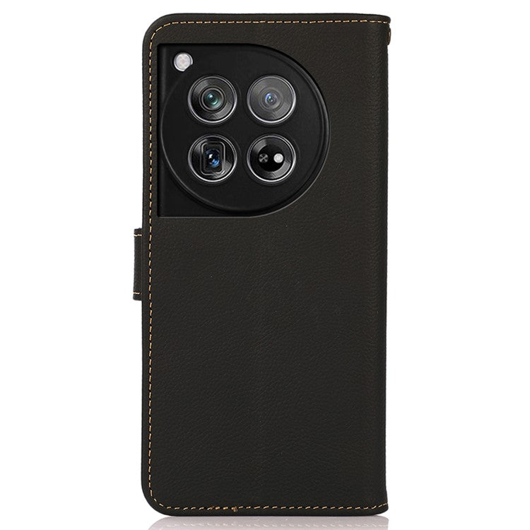 KHAZNEH For OnePlus 12 5G Cell Phone Case Genuine Cow Leather+TPU RFID Blocking Stand Cover - Black