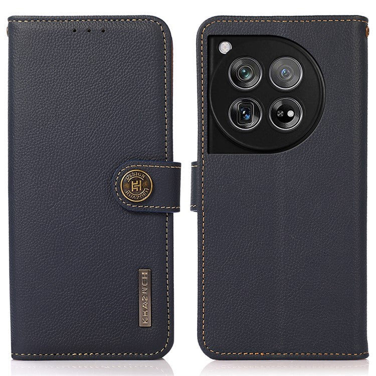 KHAZNEH For OnePlus 12 5G Cell Phone Case Genuine Cow Leather+TPU RFID Blocking Stand Cover - Blue
