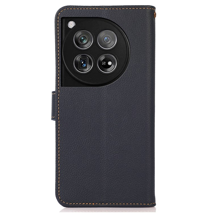 KHAZNEH For OnePlus 12 5G Cell Phone Case Genuine Cow Leather+TPU RFID Blocking Stand Cover - Blue