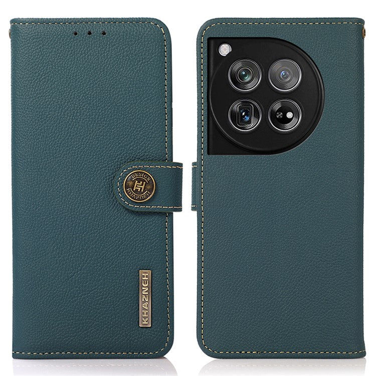 KHAZNEH For OnePlus 12 5G Cell Phone Case Genuine Cow Leather+TPU RFID Blocking Stand Cover - Green