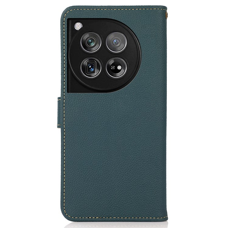 KHAZNEH For OnePlus 12 5G Cell Phone Case Genuine Cow Leather+TPU RFID Blocking Stand Cover - Green