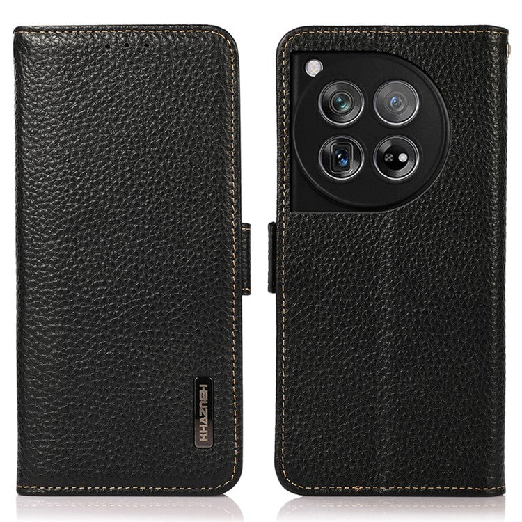 KHAZNEH For OnePlus 12 5G Case Genuine Cow Leather Litchi Texture RFID Blocking Phone Cover - Black