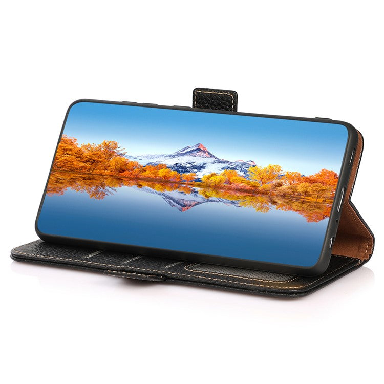 KHAZNEH For OnePlus 12 5G Case Genuine Cow Leather Litchi Texture RFID Blocking Phone Cover - Black