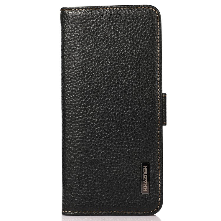 KHAZNEH For OnePlus 12 5G Case Genuine Cow Leather Litchi Texture RFID Blocking Phone Cover - Black