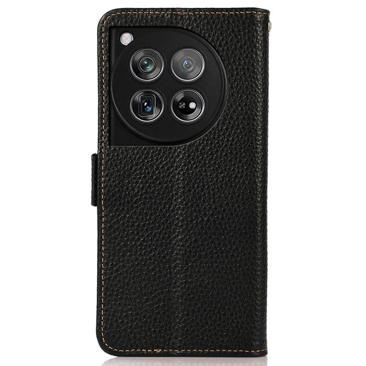KHAZNEH For OnePlus 12 5G Case Genuine Cow Leather Litchi Texture RFID Blocking Phone Cover - Black