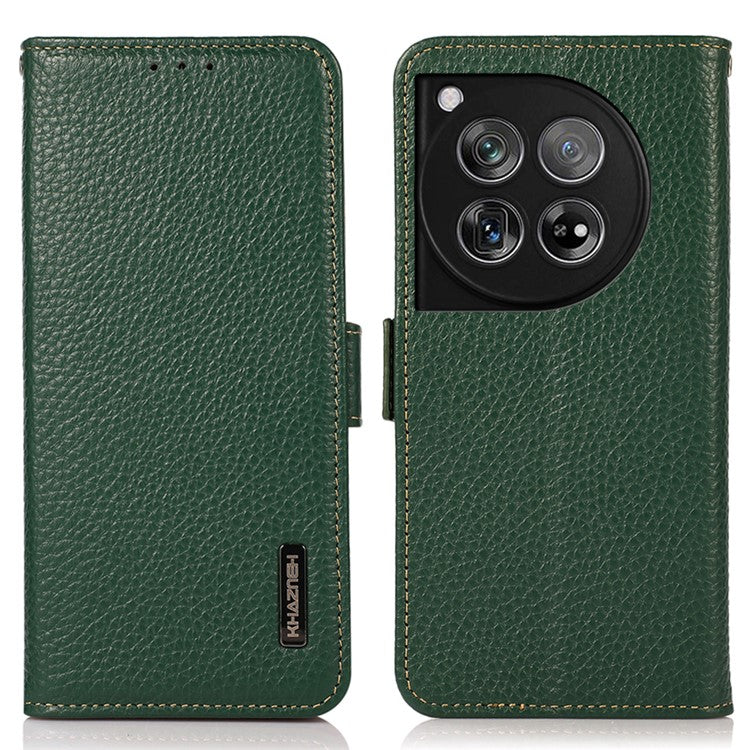 KHAZNEH For OnePlus 12 5G Case Genuine Cow Leather Litchi Texture RFID Blocking Phone Cover - Green