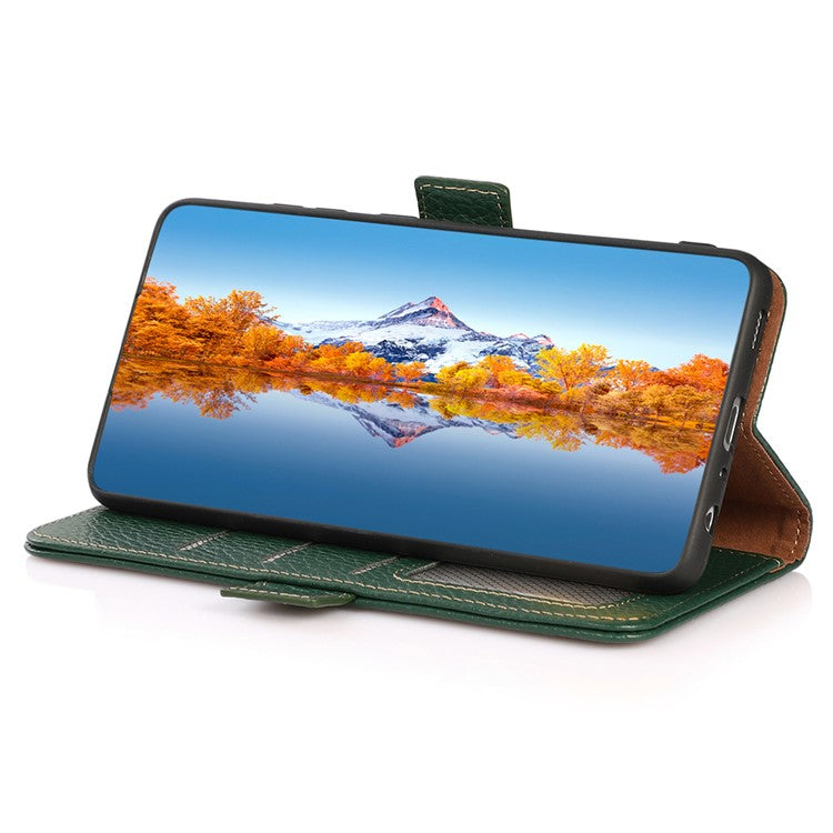 KHAZNEH For OnePlus 12 5G Case Genuine Cow Leather Litchi Texture RFID Blocking Phone Cover - Green