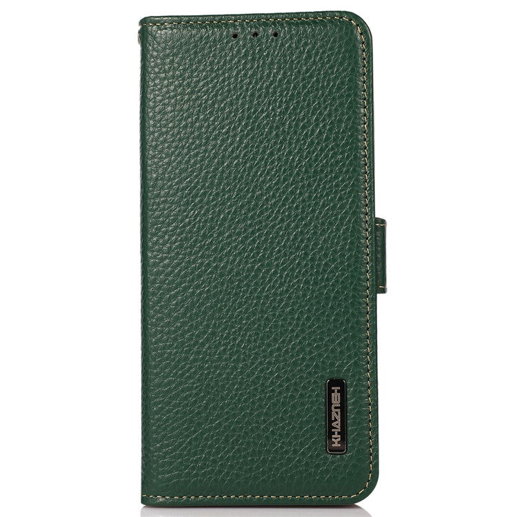 KHAZNEH For OnePlus 12 5G Case Genuine Cow Leather Litchi Texture RFID Blocking Phone Cover - Green