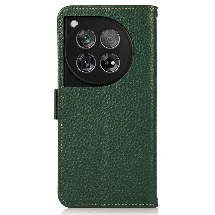 KHAZNEH For OnePlus 12 5G Case Genuine Cow Leather Litchi Texture RFID Blocking Phone Cover - Green