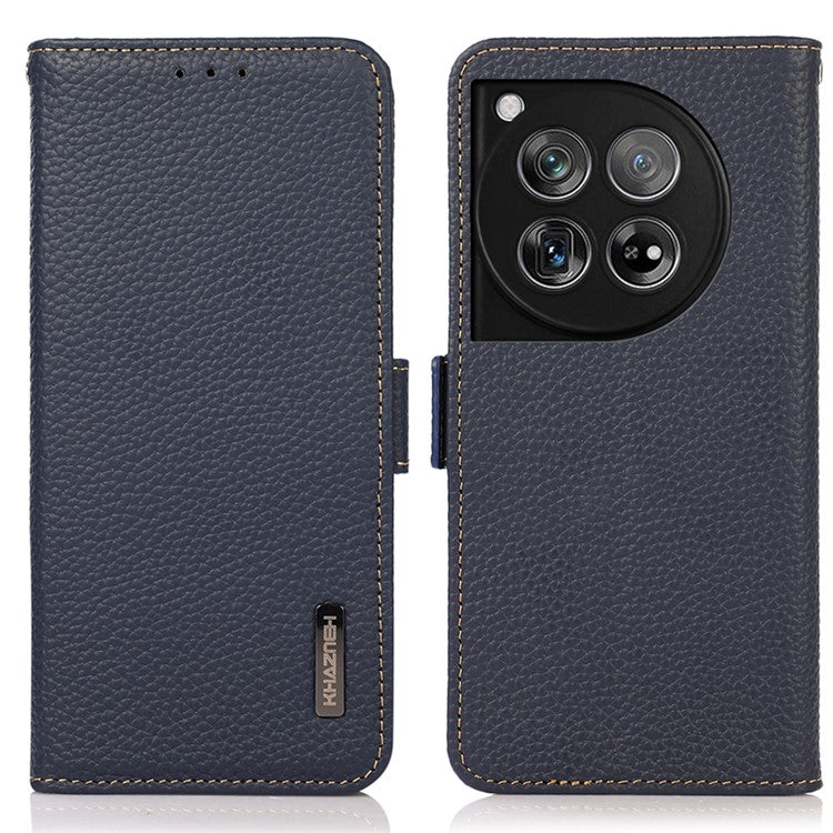 KHAZNEH For OnePlus 12 5G Case Genuine Cow Leather Litchi Texture RFID Blocking Phone Cover - Blue