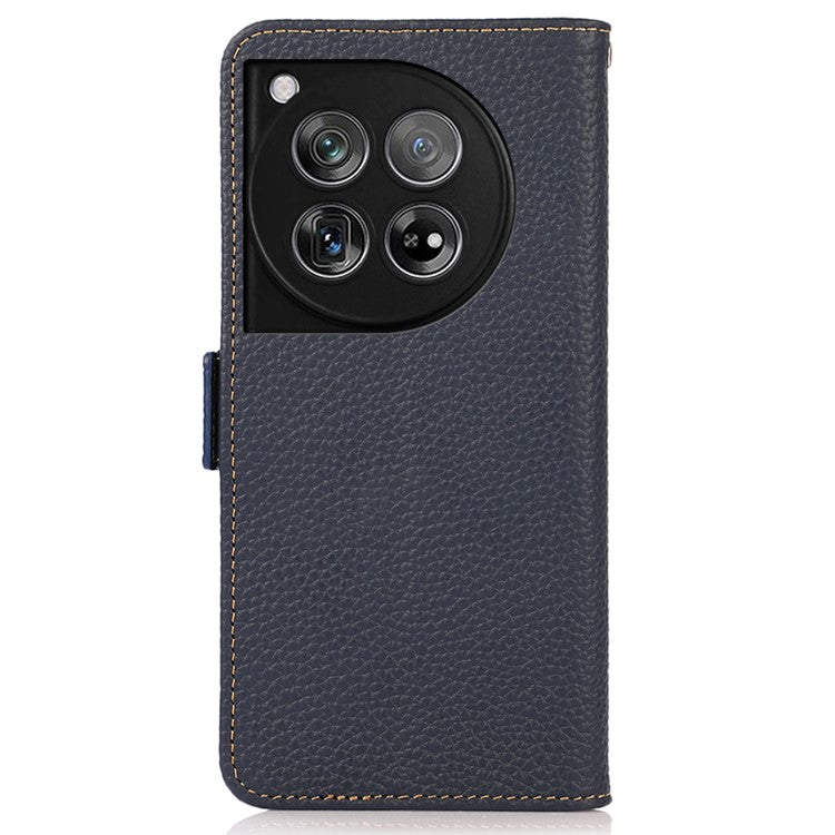 KHAZNEH For OnePlus 12 5G Case Genuine Cow Leather Litchi Texture RFID Blocking Phone Cover - Blue
