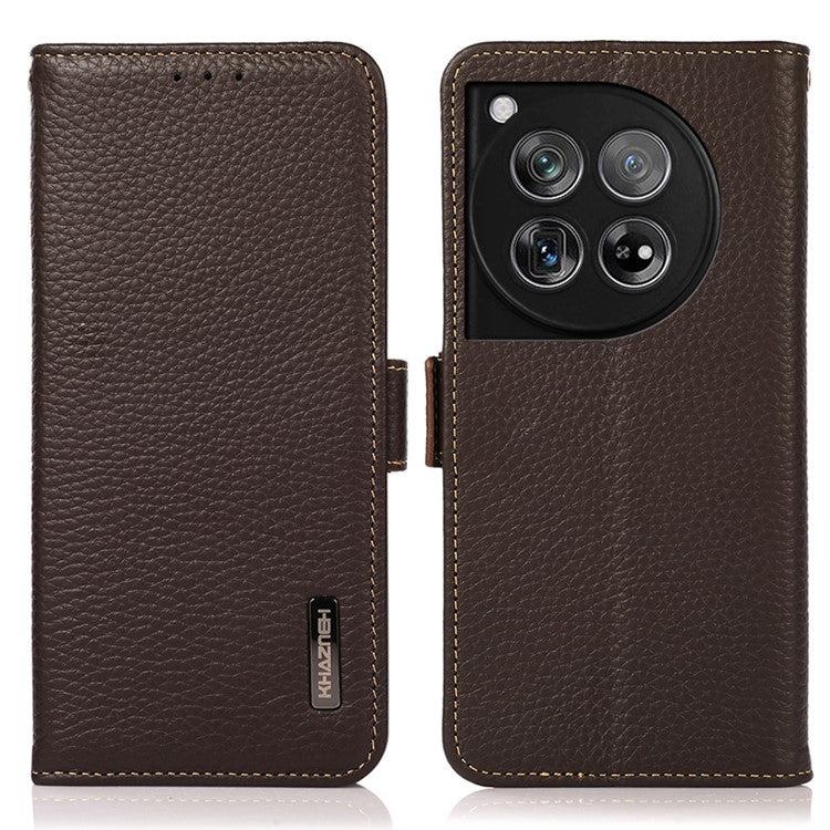 KHAZNEH For OnePlus 12 5G Case Genuine Cow Leather Litchi Texture RFID Blocking Phone Cover - Brown