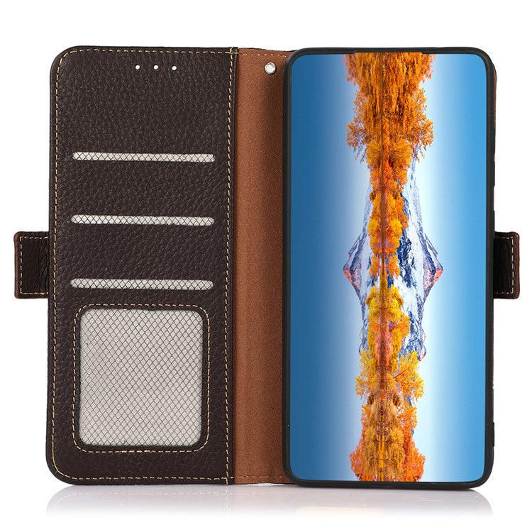 KHAZNEH For OnePlus 12 5G Case Genuine Cow Leather Litchi Texture RFID Blocking Phone Cover - Brown