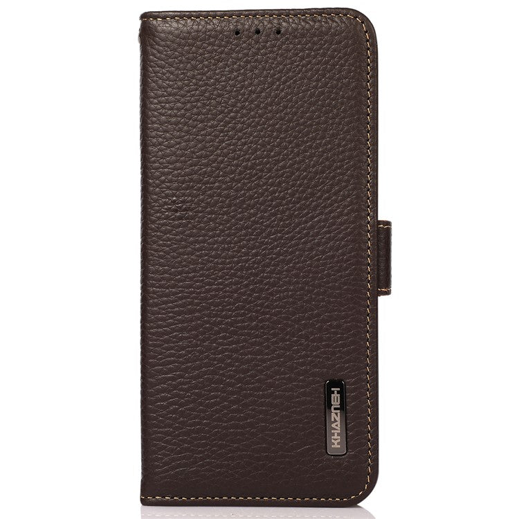 KHAZNEH For OnePlus 12 5G Case Genuine Cow Leather Litchi Texture RFID Blocking Phone Cover - Brown