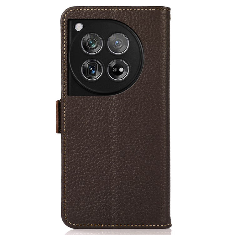 KHAZNEH For OnePlus 12 5G Case Genuine Cow Leather Litchi Texture RFID Blocking Phone Cover - Brown