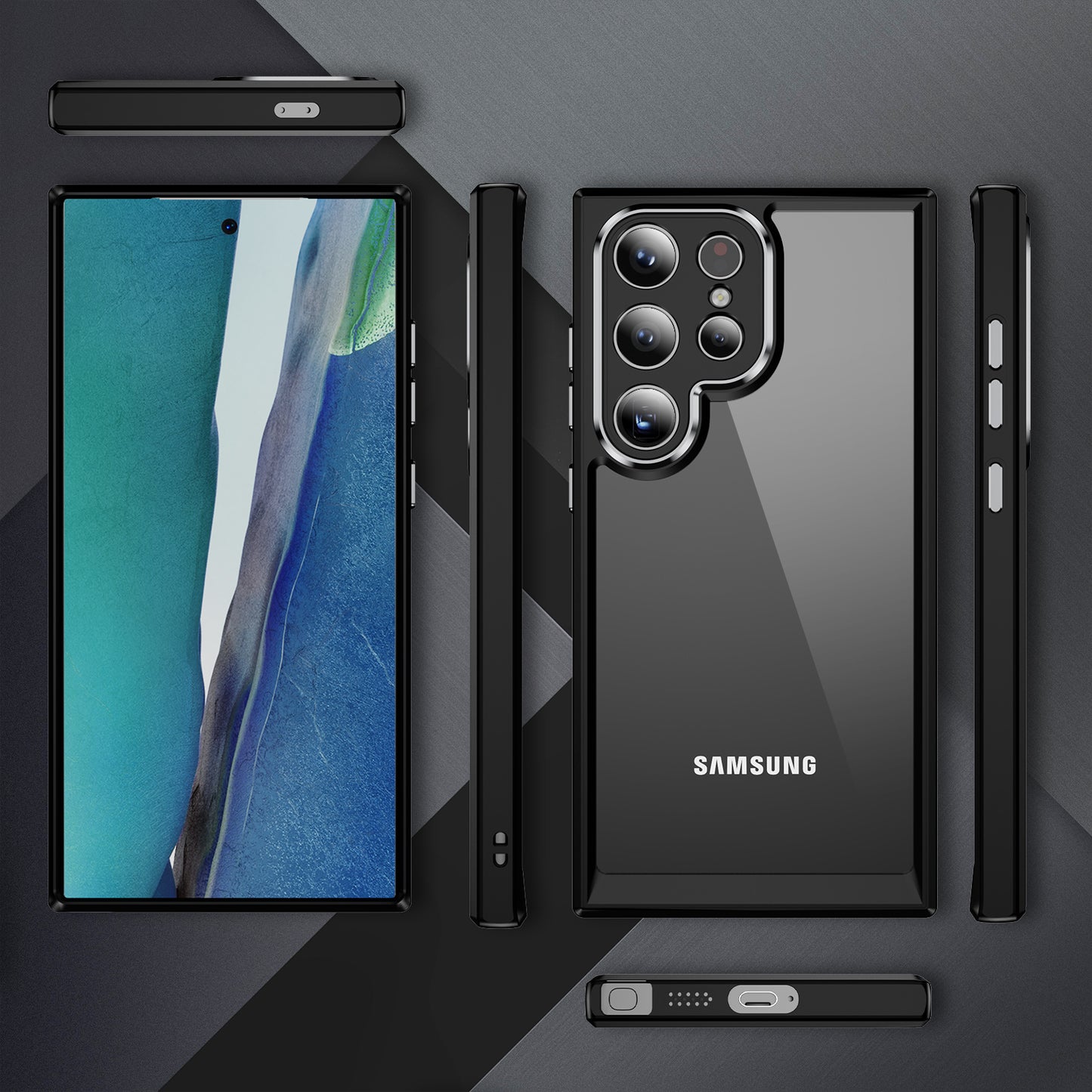 For Samsung Galaxy S24 Ultra Case TPU+Acrylic Clear Phone Cover Metal Lens Frame - Black