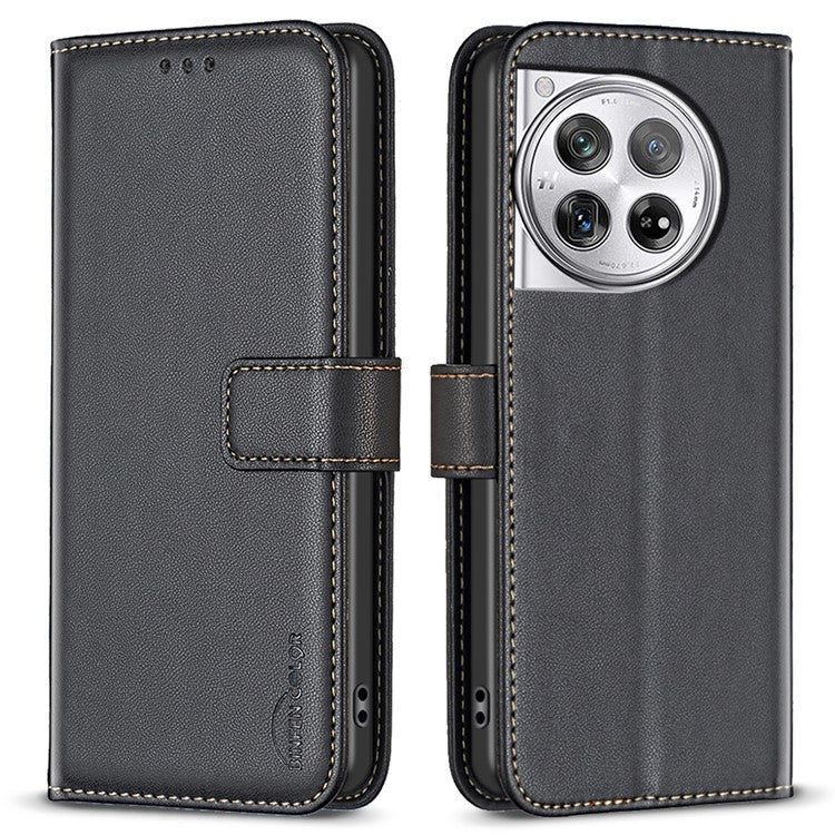 BINFEN COLOR BF17 For OnePlus 12 5G Leather Wallet Case Imprint Full Protection Cover Stand - Black