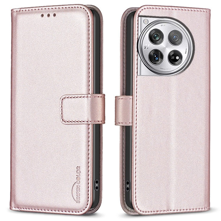 BINFEN COLOR BF17 For OnePlus 12 5G Leather Wallet Case Imprint Full Protection Cover Stand - Rose Gold