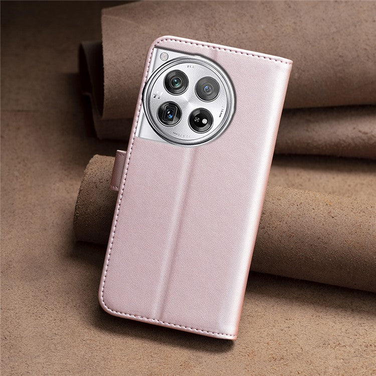 BINFEN COLOR BF17 For OnePlus 12 5G Leather Wallet Case Imprint Full Protection Cover Stand - Rose Gold