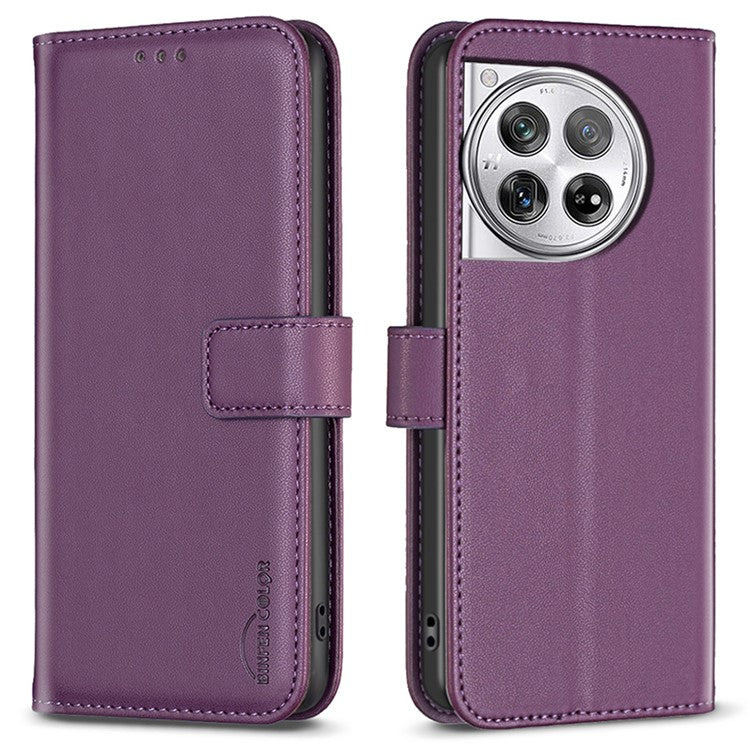 BINFEN COLOR BF17 For OnePlus 12 5G Leather Wallet Case Imprint Full Protection Cover Stand - Dark Purple