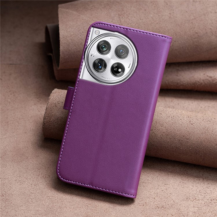 BINFEN COLOR BF17 For OnePlus 12 5G Leather Wallet Case Imprint Full Protection Cover Stand - Dark Purple
