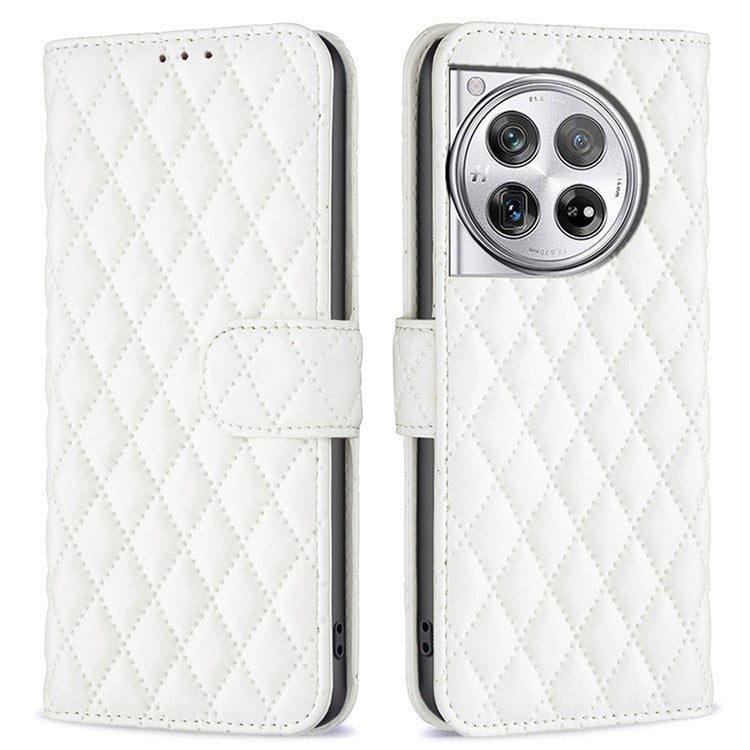 BINFEN COLOR BF Style-14 For OnePlus 12 5G Case Stand PU Leather Wallet Flip Cover Protector - White