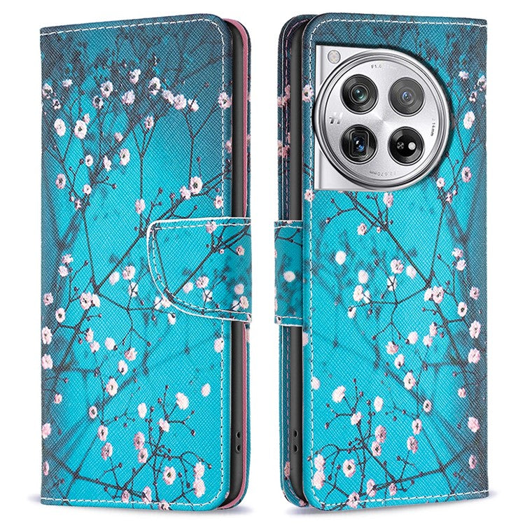 For OnePlus 12 5G Wallet Case Stand Pattern Printing PU Leather Phone Cover Protector - Plum Blossom