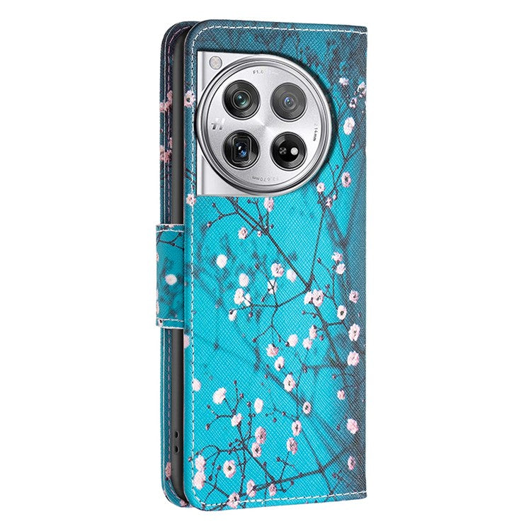 For OnePlus 12 5G Wallet Case Stand Pattern Printing PU Leather Phone Cover Protector - Plum Blossom