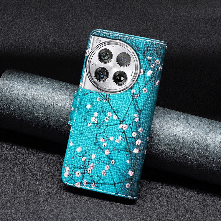 For OnePlus 12 5G Wallet Case Stand Pattern Printing PU Leather Phone Cover Protector - Plum Blossom