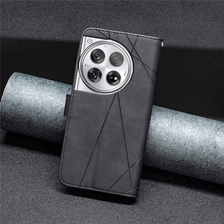 BINFEN COLOR BF05 For OnePlus 12 5G Case Stand Wallet Imprinted Line PU Leather Cover - Black