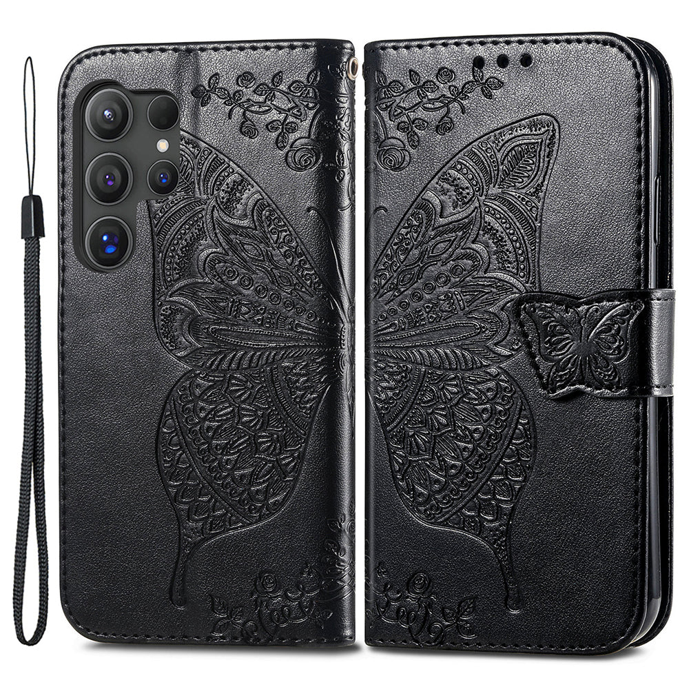 For Samsung Galaxy S24 Ultra Flip Folio Cover with Butterfly Pattern Leather Stand Phone Case - Black