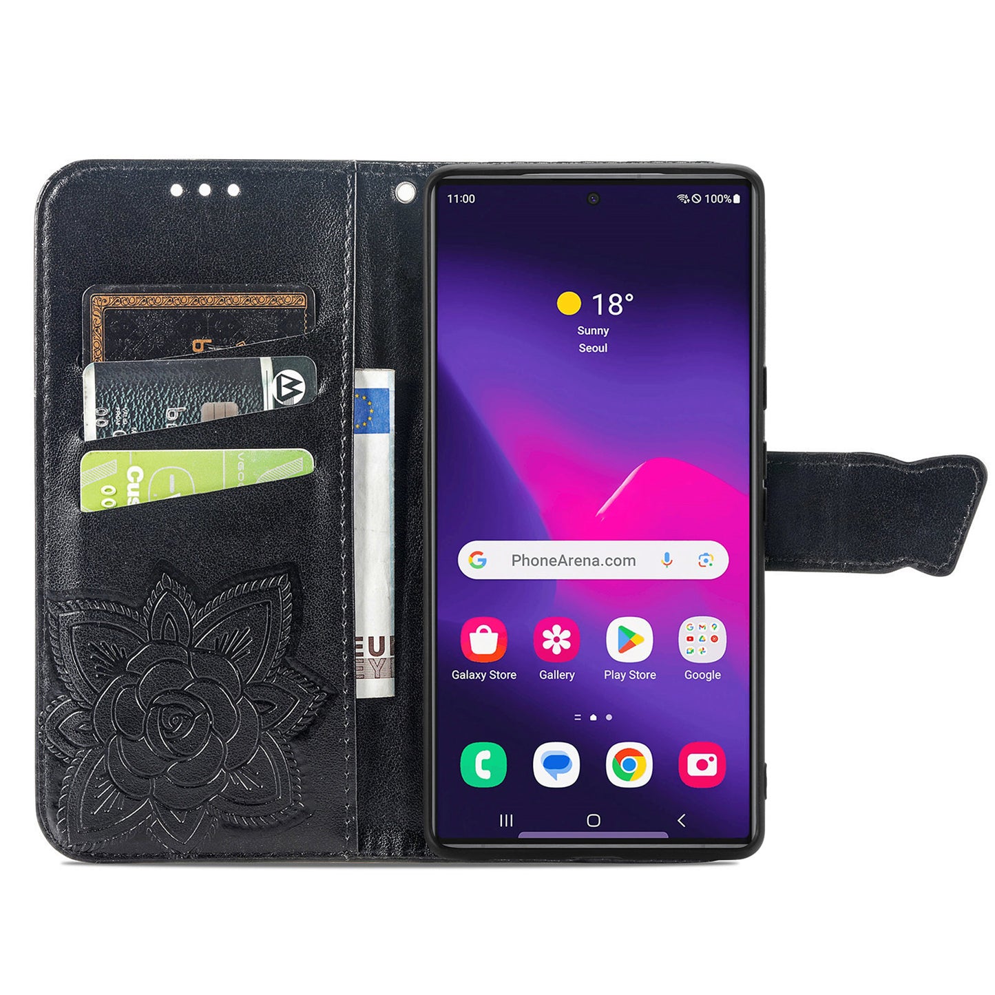 For Samsung Galaxy S24 Ultra Flip Folio Cover with Butterfly Pattern Leather Stand Phone Case - Black