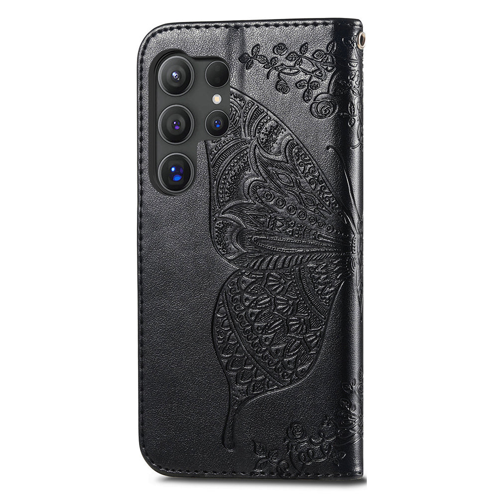 For Samsung Galaxy S24 Ultra Flip Folio Cover with Butterfly Pattern Leather Stand Phone Case - Black