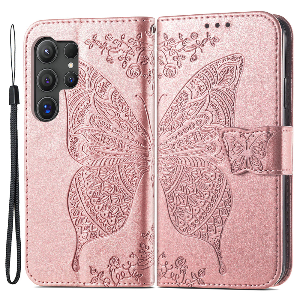 For Samsung Galaxy S24 Ultra Flip Folio Cover with Butterfly Pattern Leather Stand Phone Case - Rose Gold