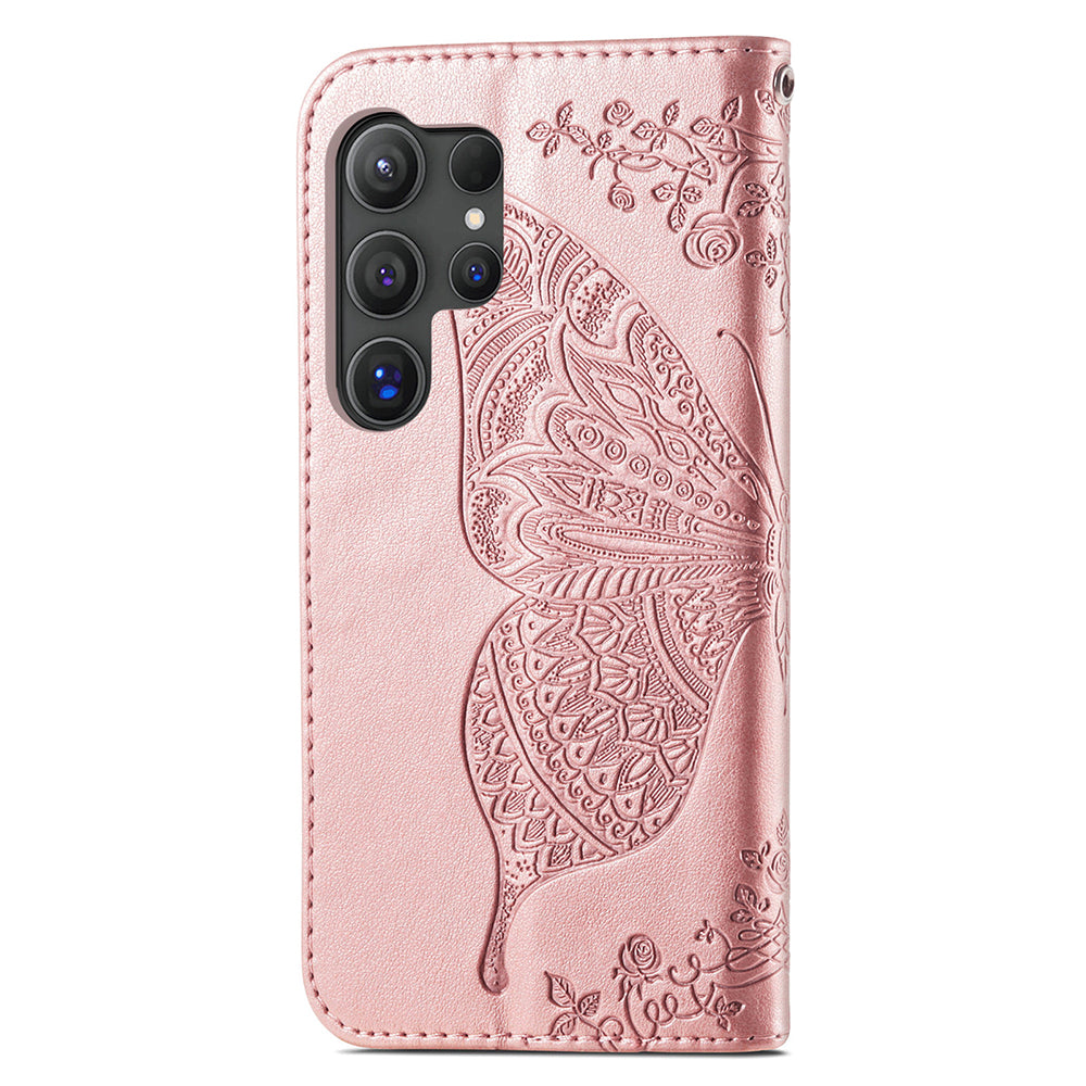 For Samsung Galaxy S24 Ultra Flip Folio Cover with Butterfly Pattern Leather Stand Phone Case - Rose Gold