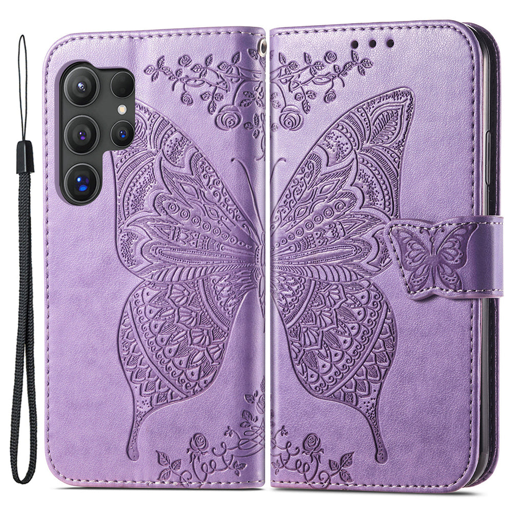 For Samsung Galaxy S24 Ultra Flip Folio Cover with Butterfly Pattern Leather Stand Phone Case - Light Purple