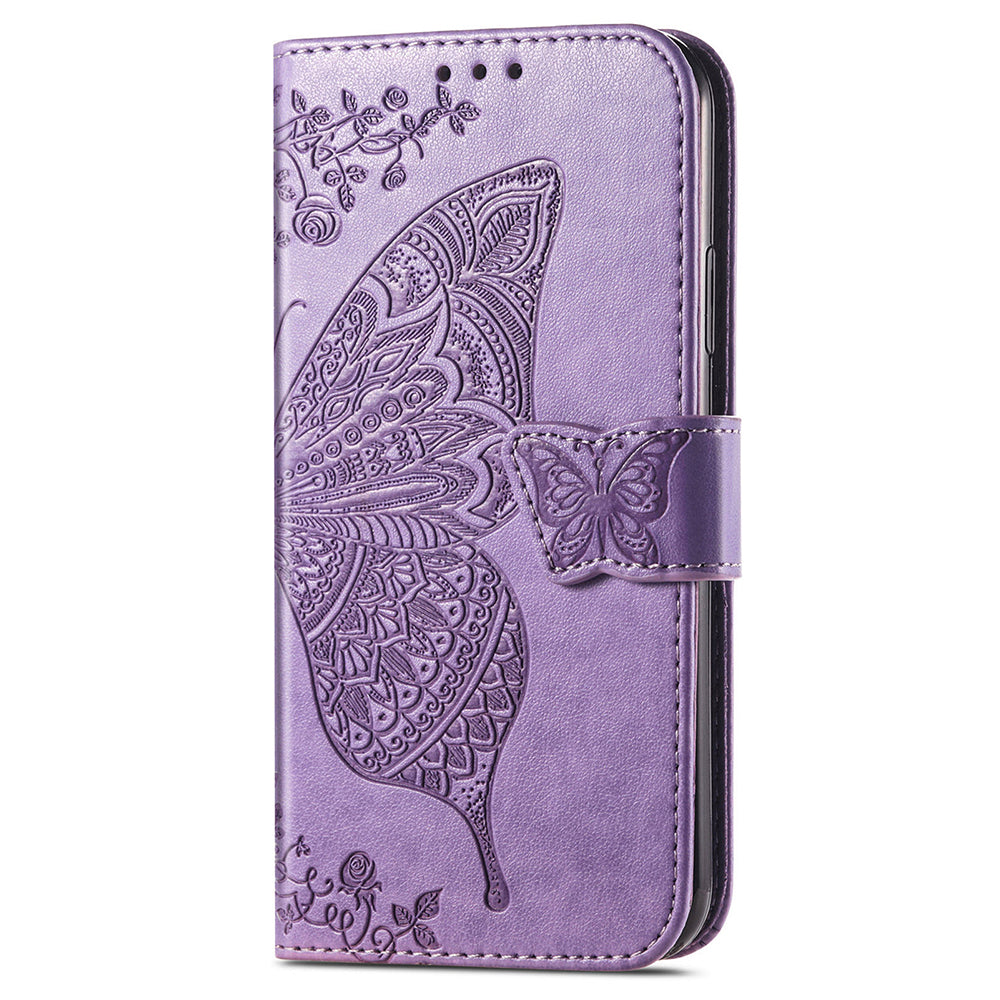 For Samsung Galaxy S24 Ultra Flip Folio Cover with Butterfly Pattern Leather Stand Phone Case - Light Purple